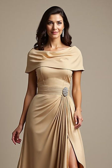 Champagne Off The Shoulder Ruched A Line Mother Of The Bride Dress